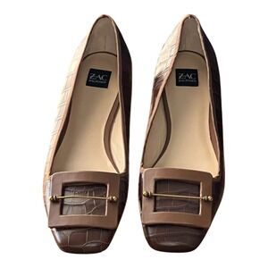 ZAC Zac Posen Brown Croc Embossed Buckle Square Toe Ballet Flats 9M